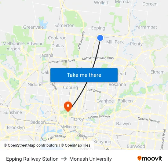 Epping Railway Station to Monash University map