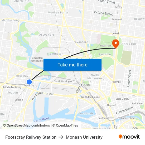 Footscray Railway Station to Monash University map