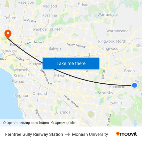 Ferntree Gully Railway Station to Monash University map