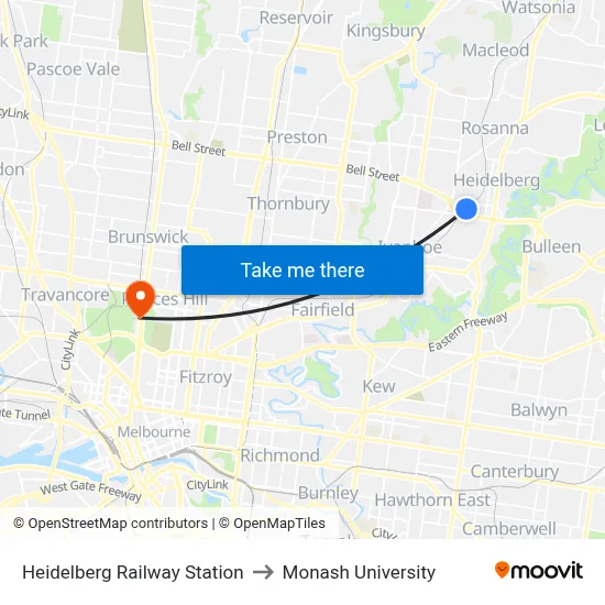 Heidelberg Railway Station to Monash University map