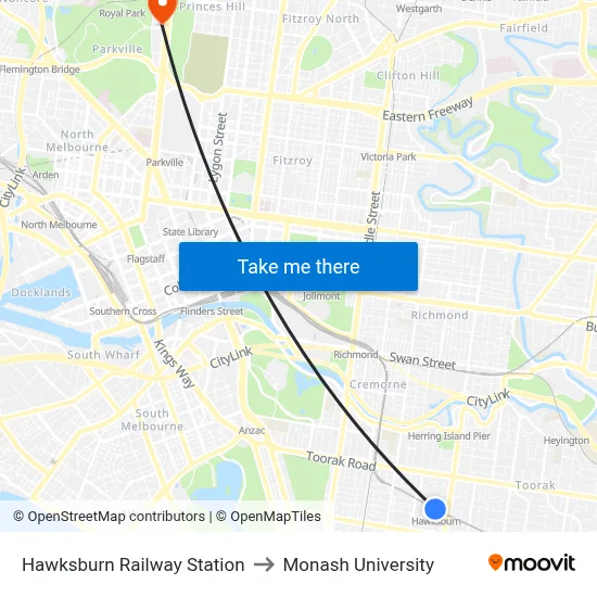 Hawksburn Railway Station to Monash University map