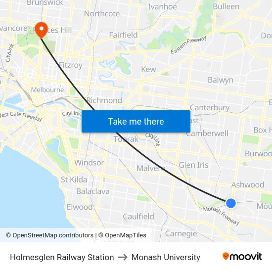 Holmesglen Railway Station to Monash University map
