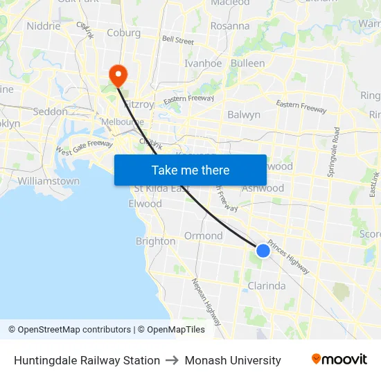 Huntingdale Railway Station to Monash University map