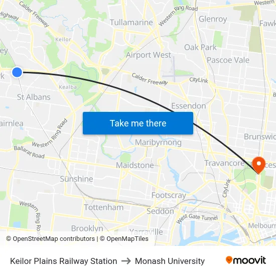 Keilor Plains Railway Station to Monash University map