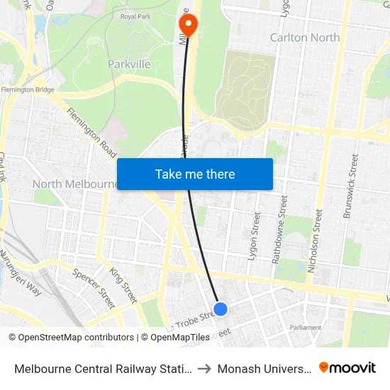 Melbourne Central Railway Station to Monash University map