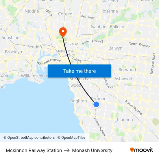 Mckinnon Railway Station to Monash University map