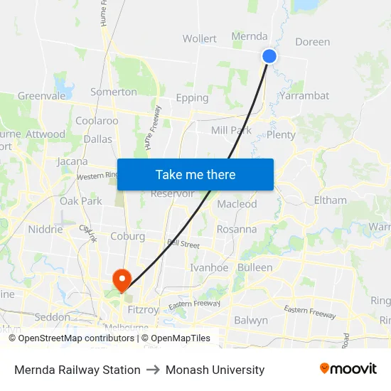 Mernda Railway Station to Monash University map