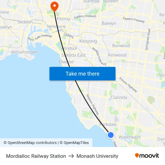 Mordialloc Railway Station to Monash University map