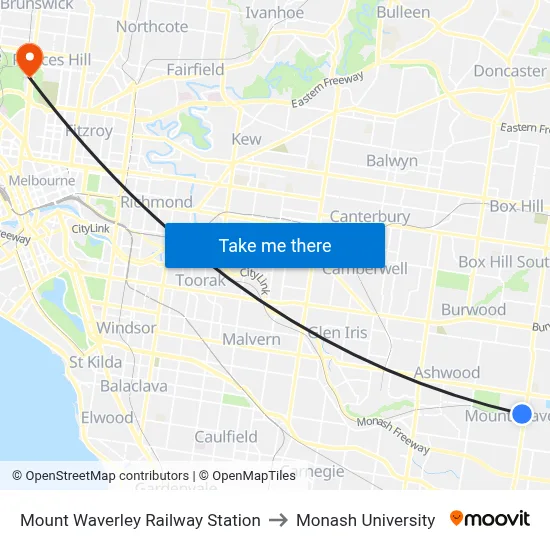 Mount Waverley Railway Station to Monash University map