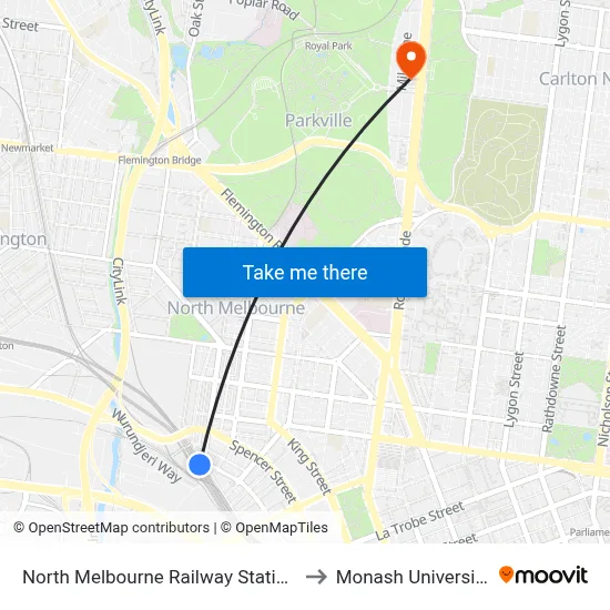North Melbourne Railway Station to Monash University map