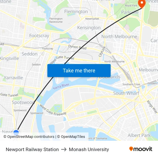Newport Railway Station to Monash University map