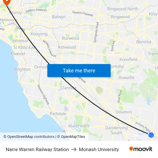 Narre Warren Railway Station to Monash University map