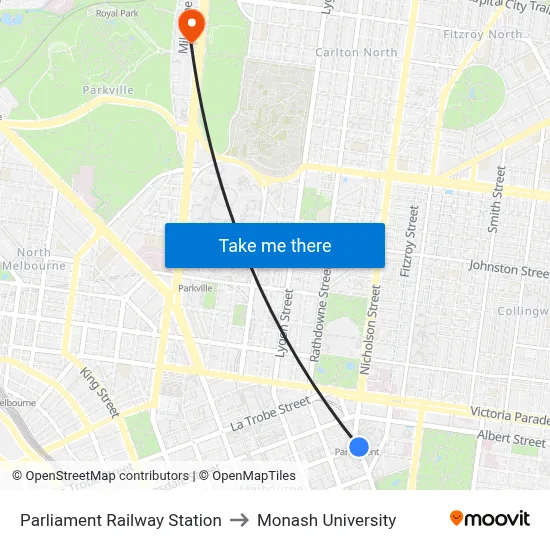 Parliament Railway Station to Monash University map