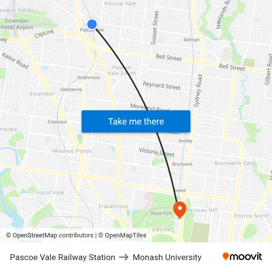 Pascoe Vale Railway Station to Monash University map