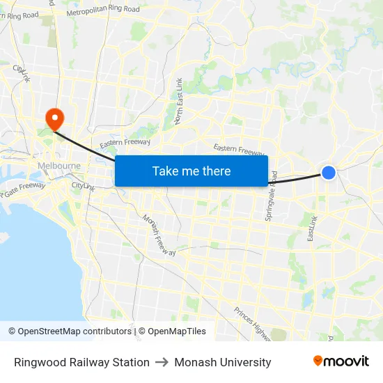 Ringwood Railway Station to Monash University map