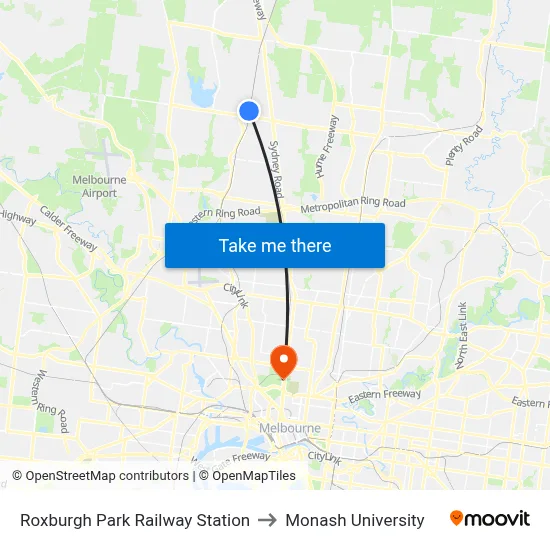 Roxburgh Park Railway Station to Monash University map