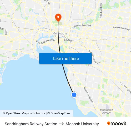 Sandringham Railway Station to Monash University map