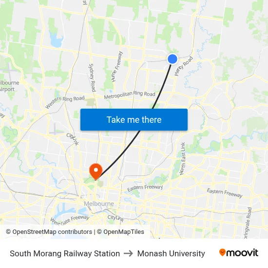 South Morang Railway Station to Monash University map