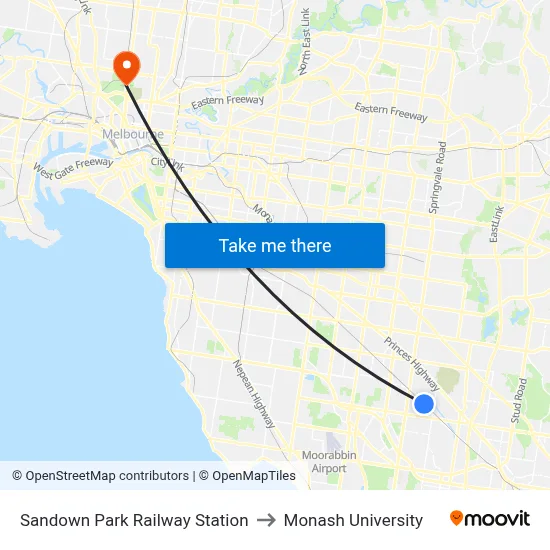 Sandown Park Railway Station to Monash University map