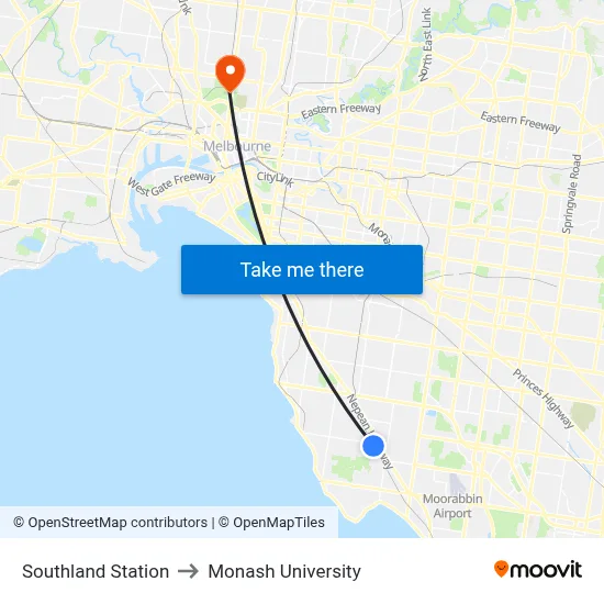 Southland Station to Monash University map