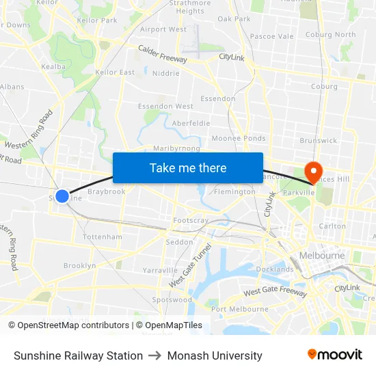 Sunshine Railway Station to Monash University map