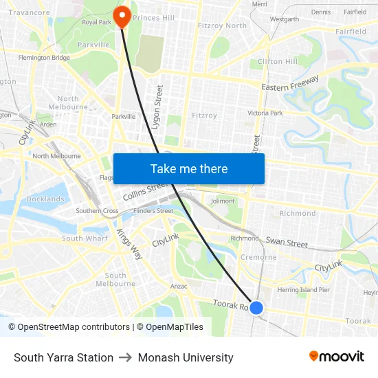 South Yarra Station to Monash University map