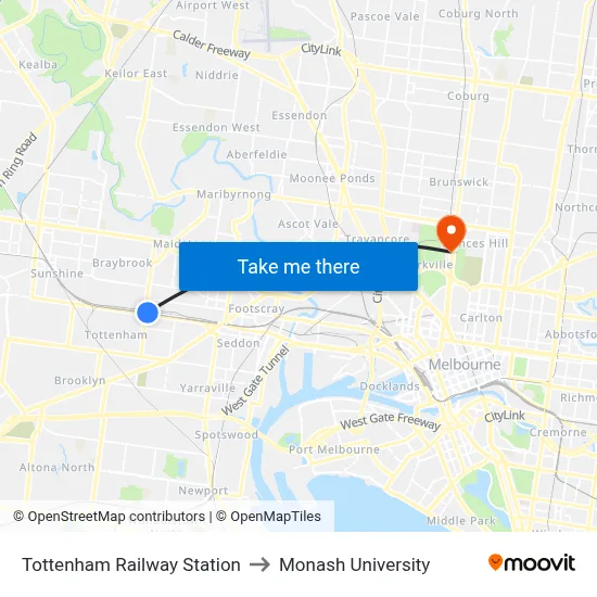 Tottenham Railway Station to Monash University map