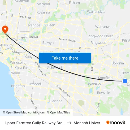 Upper Ferntree Gully Railway Station to Monash University map