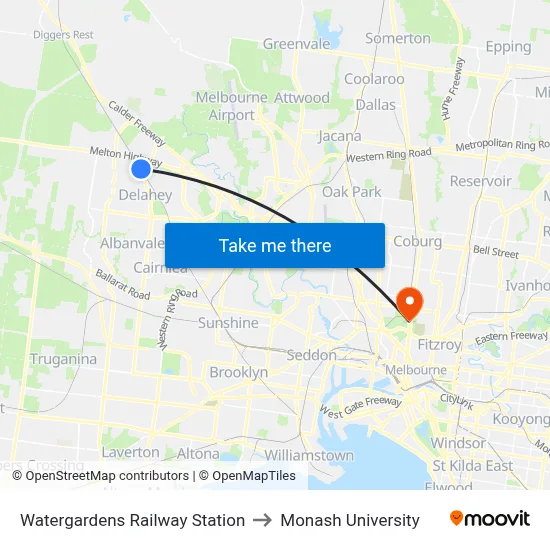 Watergardens Railway Station to Monash University map