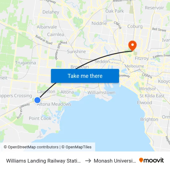Williams Landing Railway Station to Monash University map