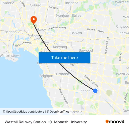 Westall Railway Station to Monash University map
