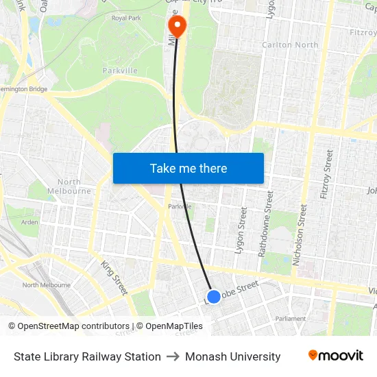 State Library Railway Station to Monash University map