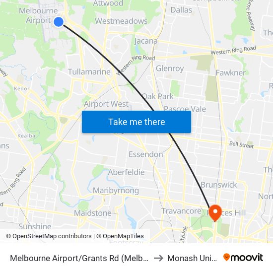Melbourne Airport/Grants Rd (Melbourne Airport) to Monash University map