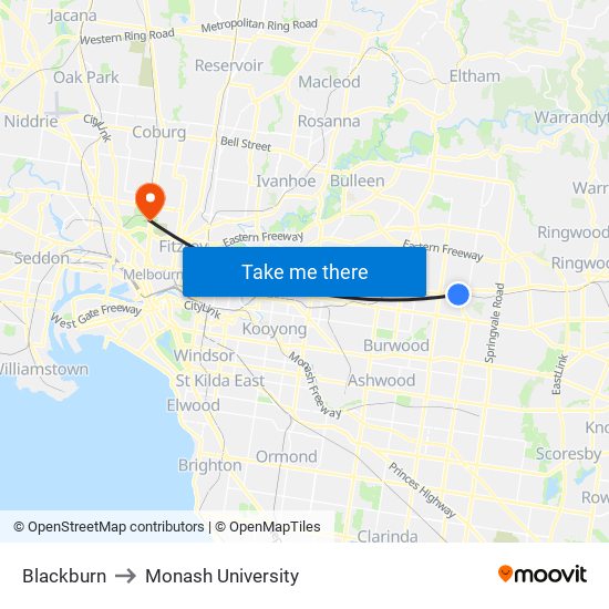 Blackburn to Monash University map