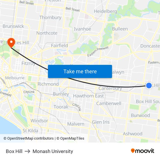 Box Hill to Monash University map