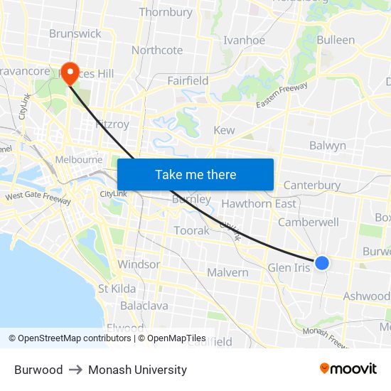 Burwood to Monash University map