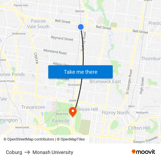 Coburg to Monash University map