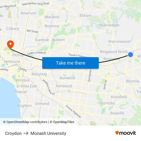 Croydon to Monash University map