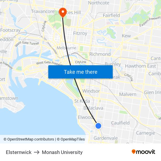 Elsternwick to Monash University map
