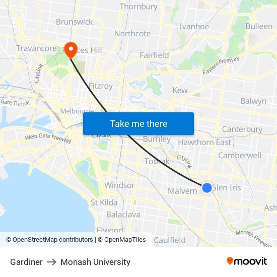 Gardiner to Monash University map