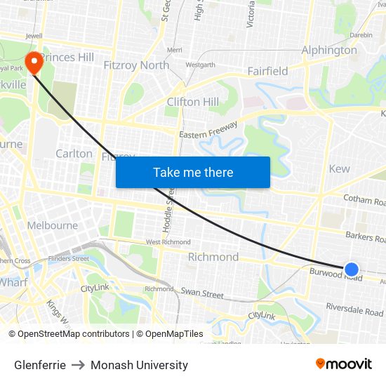 Glenferrie to Monash University map