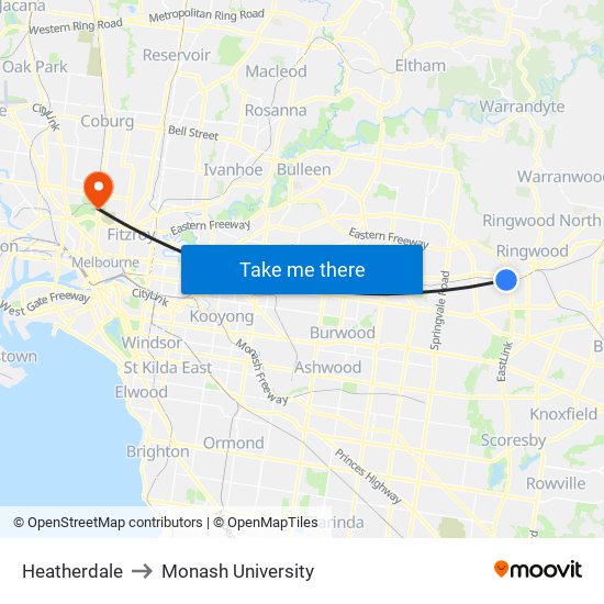 Heatherdale to Monash University map