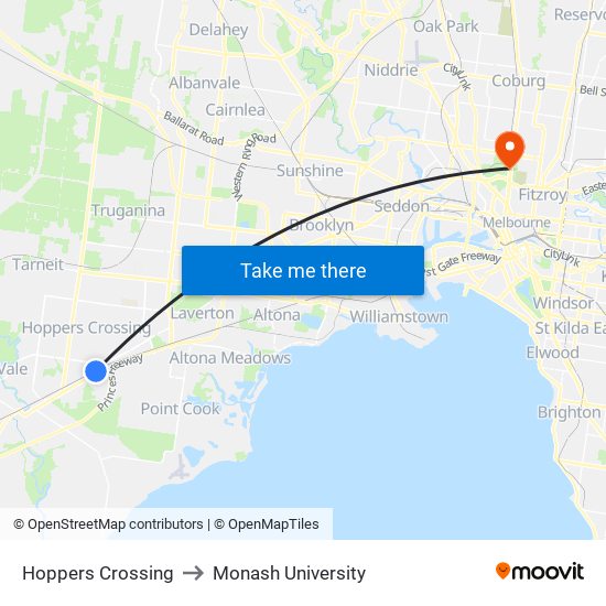 Hoppers Crossing to Monash University map