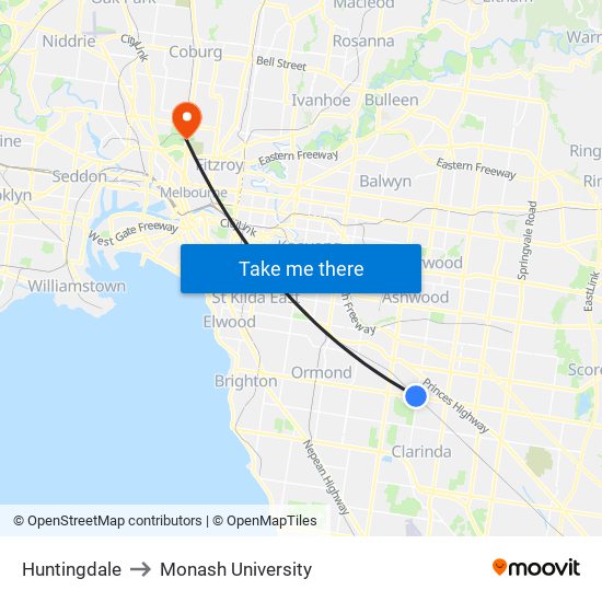 Huntingdale to Monash University map