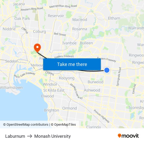 Laburnum to Monash University map