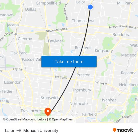 Lalor to Monash University map