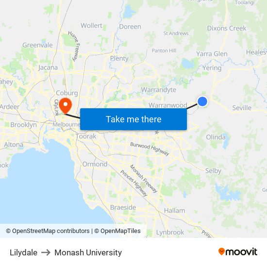 Lilydale to Monash University map