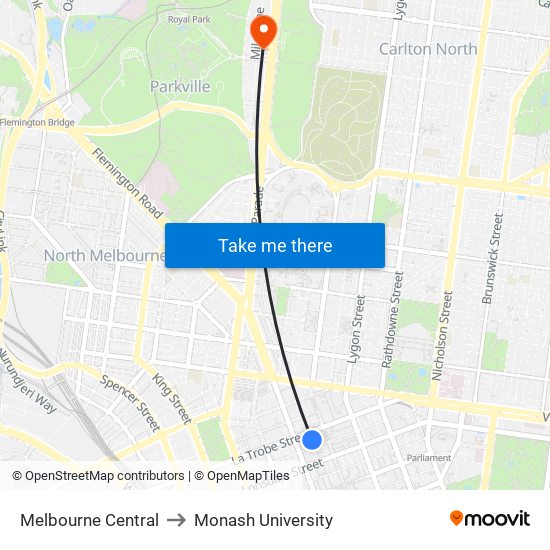 Melbourne Central to Monash University map