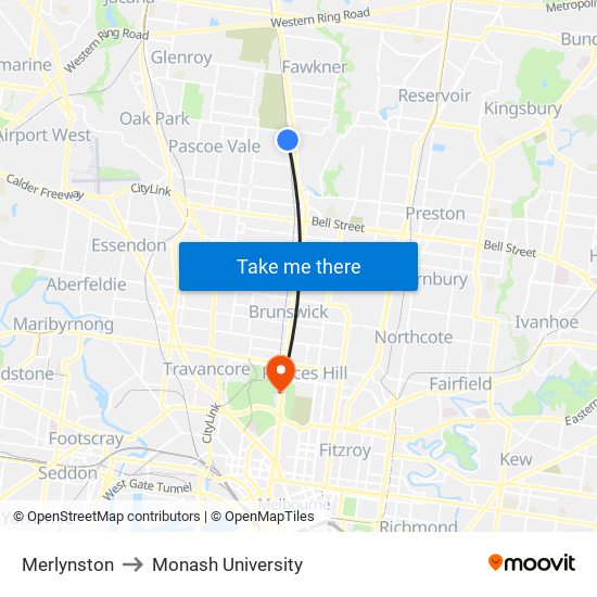 Merlynston to Monash University map