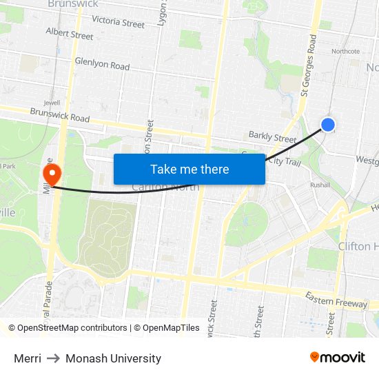 Merri to Monash University map